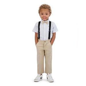 Tahari Toddler 2 Piece Pant Outfit Bow tie Blue Khaki Suspenders 2T Stripe